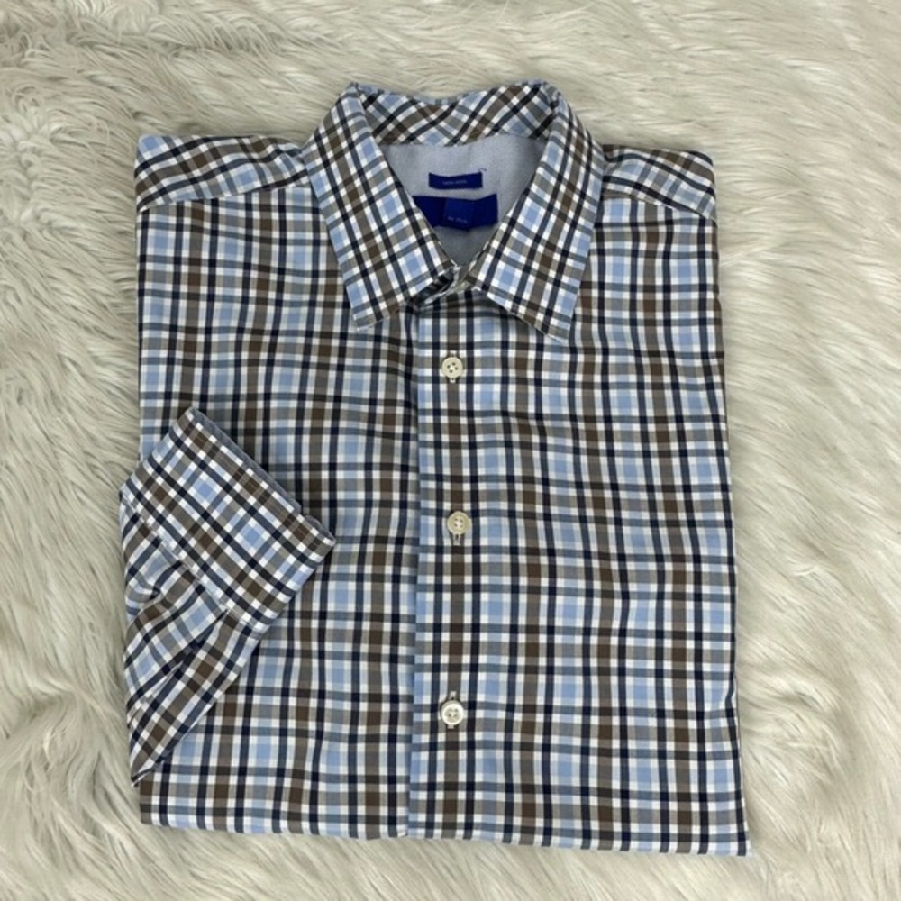 Egara Mens XL Non-Iron Button‎ Down Shirt Blue Brown Plaid Long Sleeve Cotton